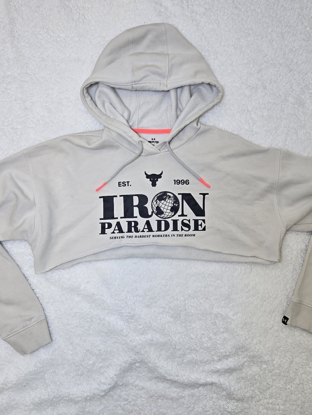 Under Armour Project Rock Iron Paradise Cropped Hoodie Fleece Pullover Gym